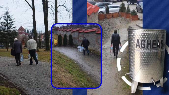 apa-ca-o-prada,-la-curtea-de-arges.-localnicii-isi-umplu-bidoanele-de-la-izvorul-manastirii-si-merg-cu-ele-la-slujba