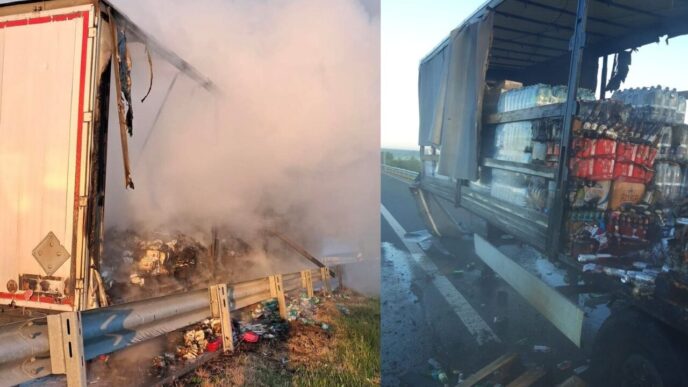 incendiu-puternic-pe-autostrada-a1,-in-judetul-timis.-remorca-unui-autotren-a-luat-foc,-in-mers